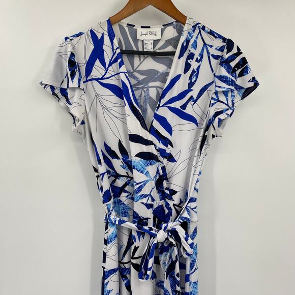 Joseph Ribkoff Midi Dress Tie Waist V Neck Surplice Palms Print Blue White 12 - Picture 4 of 6